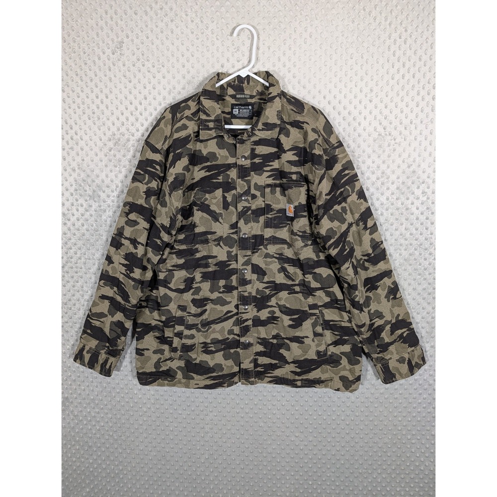 Carhartt Rugged Flex Relaxed Fit Canvas Fleece Lined Shirt Jacket Men's 2XL Camo